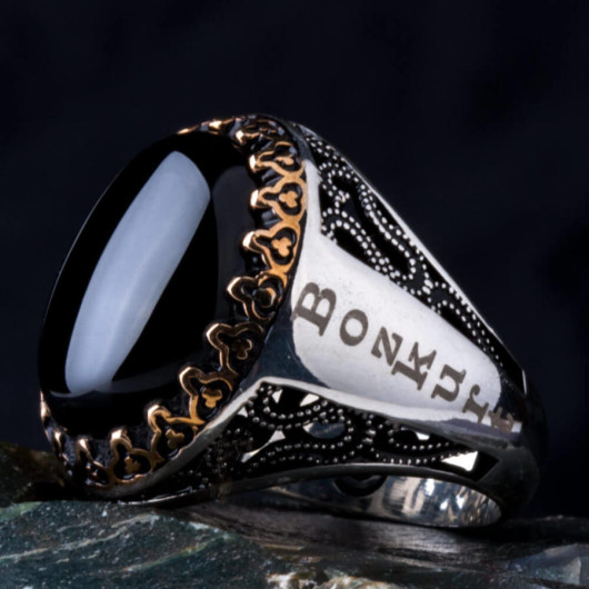 خاتم من الفضة بحجر الجزع\اونيكس\العقيق الأسود قابل للتخصيص