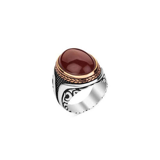 Men's Silver Ring With Dark Red Agate Stone