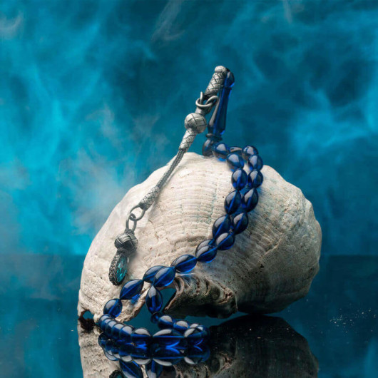 Blue Barley Cut Kazaz Tassel Tightened Amber Rosary