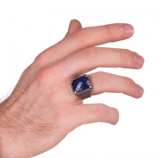 Blue Zircon Stone Silver Men's Ring