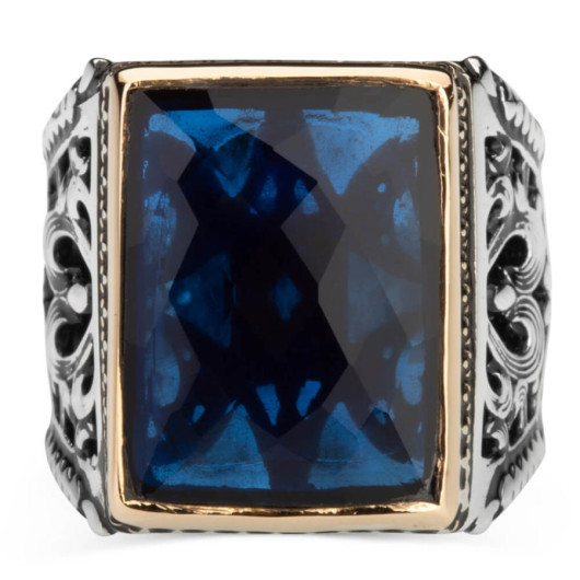 Blue Zircon Stone Rectangle Big Sterling Silver Men's Ring