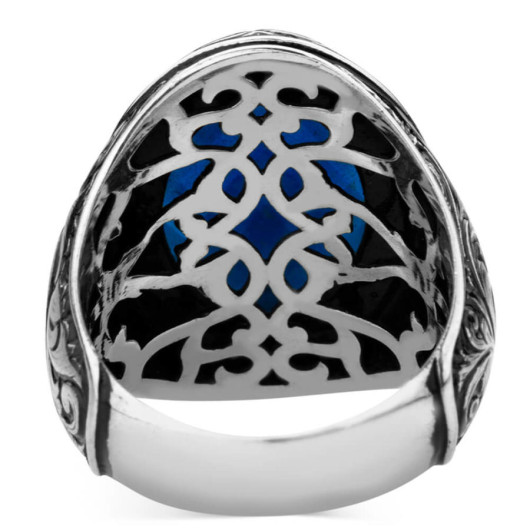 Blue Zircon Stone Pen Engraving Pattern Silver Men's Ring