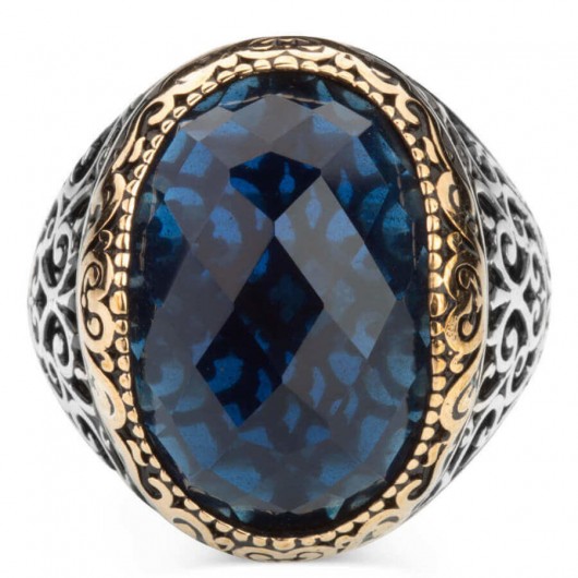 Blue Zircon Stone Adorned Sterling Silver Men's Ring