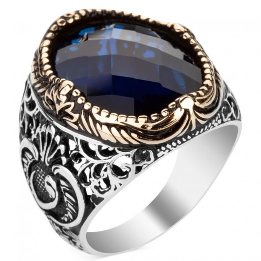 Blue Zircon Stone Vav Figured Sterling Silver Men's Ring