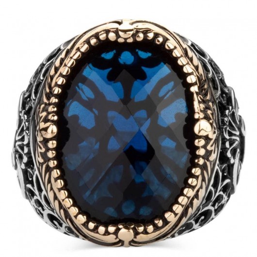 Blue Zircon Stone Vav Figured Sterling Silver Men's Ring