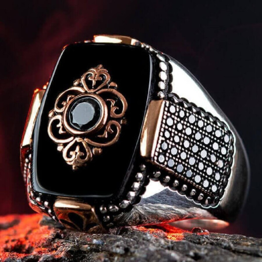 Mini Stone Embroidered Black Onyx Stone Silver Ring For Men