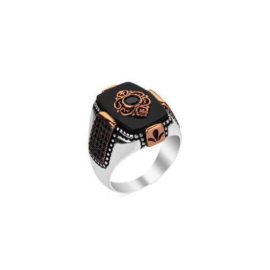 Mini Stone Embroidered Black Onyx Stone Silver Ring For Men