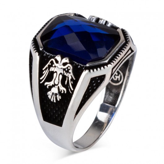 Minsar: Double Headed Eagle Motif Faceted Blue Zircon Stone Silver Ring
