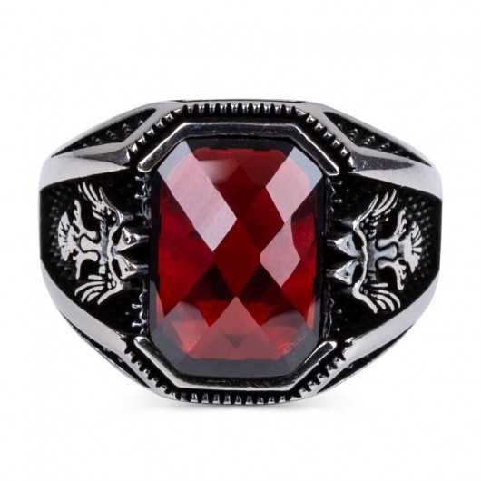 Double Headed Eagle Motif Blood Red Zircon Stone Sterling Silver Ring