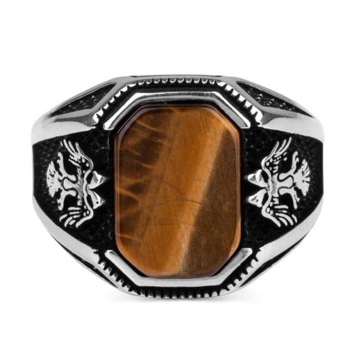Double Headed Eagle Motif Tiger Eye Stone Silver Ring