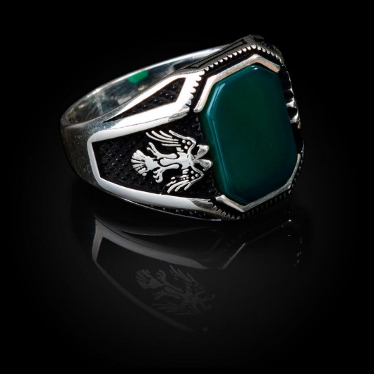 Minsar: Double Headed Eagle Motif Green Onyx Stone Silver Ring