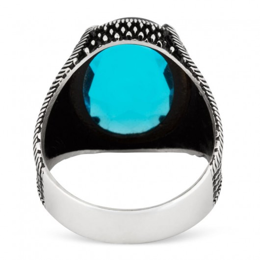 Dot Patterned Oval Design Silver Men's Ring Light Blue Faceted Zircon Stone