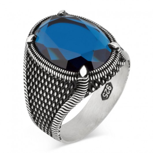Dot Patterned Oval Design Silver Men's Ring Blue Faceted Zircon Stone