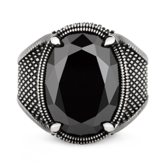 Dot Patterned Oval Design Silver Men's Ring Black Faceted Zircon Stone