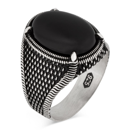 Dot Patterned Oval Design Silver Men's Ring With Black Onyx Stone