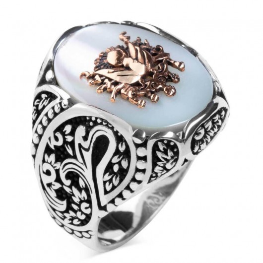 Ottoman Coat Of Arms Embossed White Mother-Of-Pearl Stone Silver Ring