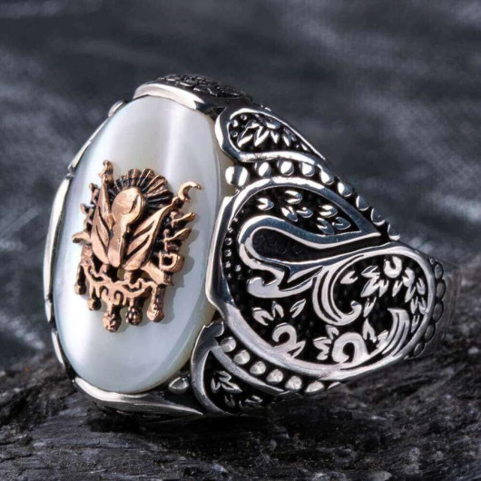 Ottoman Coat Of Arms Embossed White Mother-Of-Pearl Stone Silver Ring