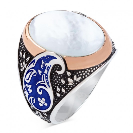 Oval White Pearl Stone Blue Symmetric Patterned Sterling Silver Men's Ring