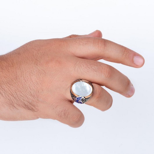 Oval White Pearl Stone Blue Symmetric Patterned Sterling Silver Men's Ring