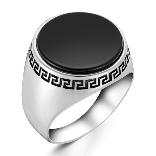 Simple Model Round Black Onyx Stone Sterling Silver Men's Ring