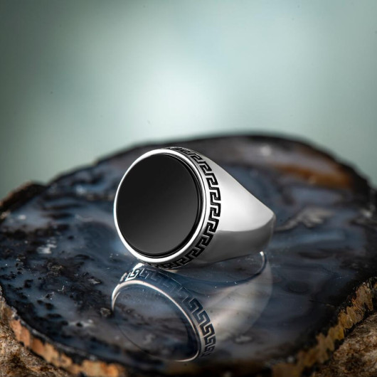 Simple Model Round Black Onyx Stone Sterling Silver Men's Ring