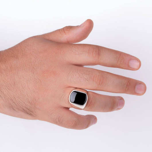 Simple Black Onyx Stone Men's Sterling Silver Ring