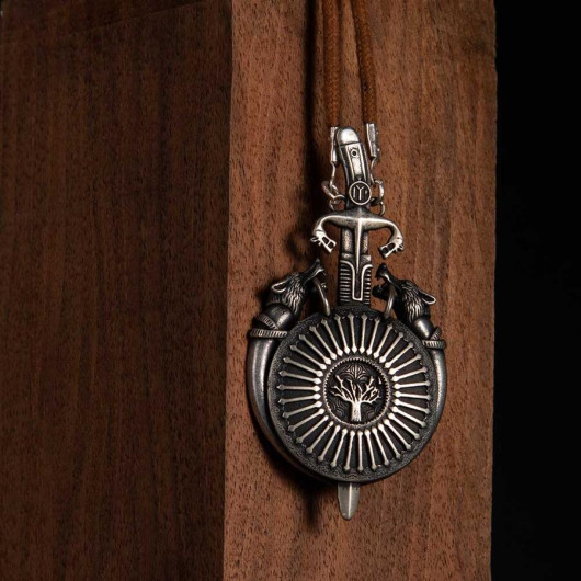 Glorious Ottoman Shield Design Wolf Motif Silver Men's Necklace Product Features   It Is Produced By Mould. There Is A Tree Of Life Motif In The Middle Of The Shield Design, A Wolf Morph Around It And A Sword Motif On It.