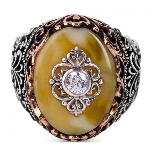 Silver Men's Ring With Yellow Yemen Agate Stone