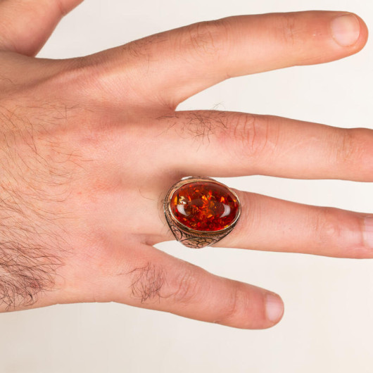 Sterling Silver Men's Ring With Synthetic Amber Stone