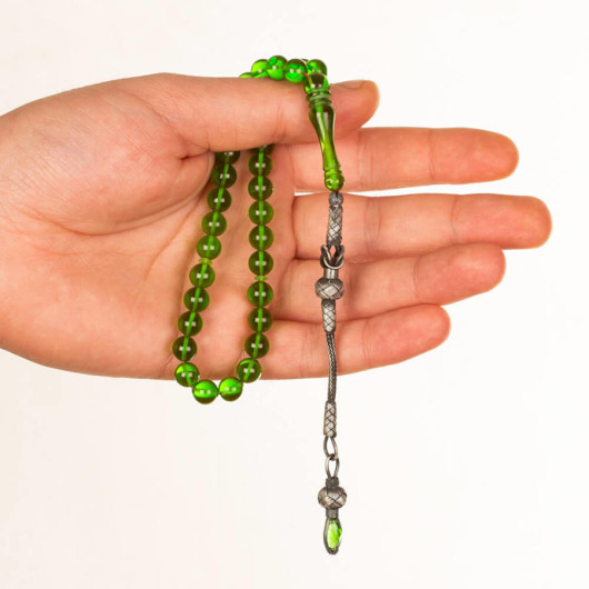 Squeezed Amber Green Sphere Cut Rosary