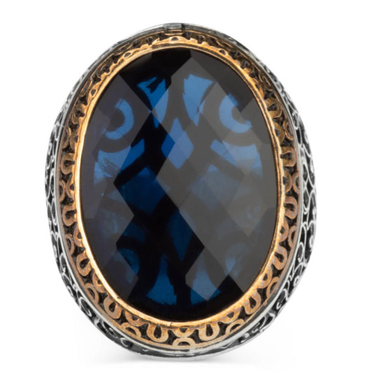 Symmetrical Patterned Big Blue Zircon Stone Sterling Silver Men's Ring
