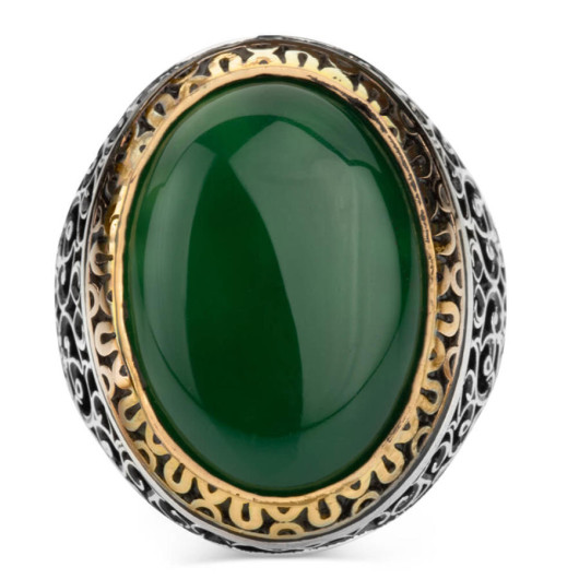 Symmetrical Patterned Big Green Agate Stone Sterling Silver Men's Ring