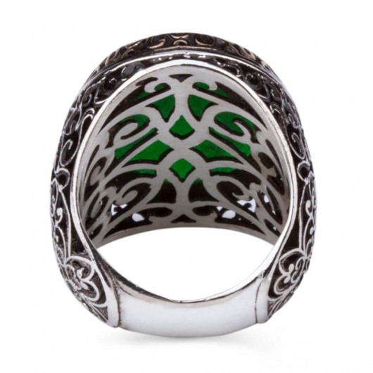 Symmetrical Patterned Big Green Zircon Stone Sterling Silver Men's Ring