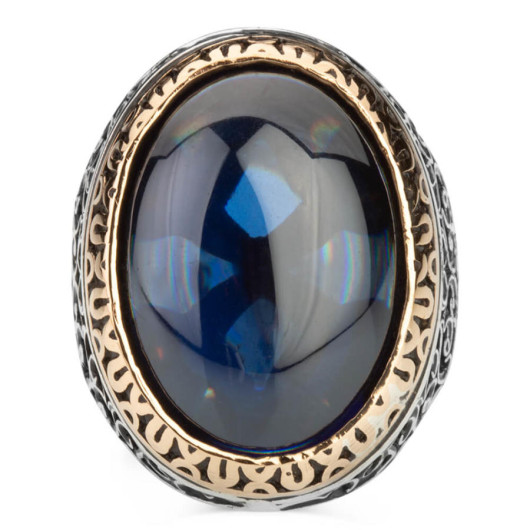 خاتم فضة للرجال عيار 925 مرصع بحجر الزركون ألأزرق شكل بيضوي