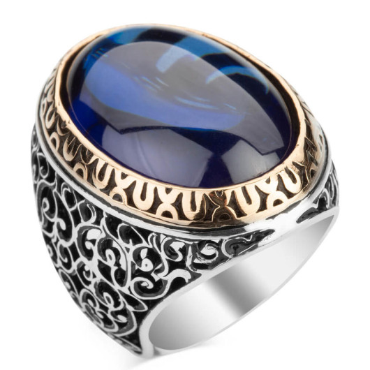 خاتم فضة للرجال عيار 925 مرصع بحجر الزركون ألأزرق شكل بيضوي