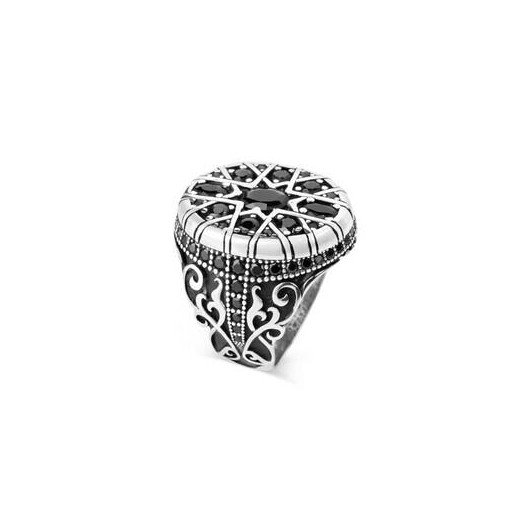 Black Mini Stone Embroidered Silver Men's Ring
