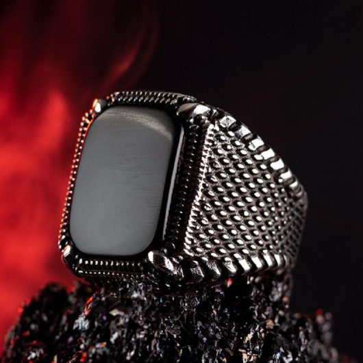 Black Onyx Stone Silver Men's Ring