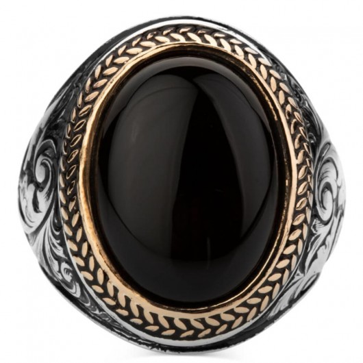 Black Onyx Stone Pen Engraving Pattern Silver Men's Ring