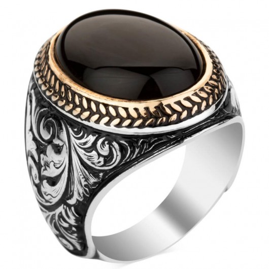 Black Onyx Stone Pen Engraving Pattern Silver Men's Ring