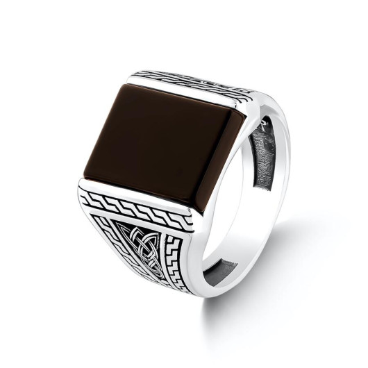 Black Onyx Stone Symmetrical Design Sterling Silver Men's Ring
