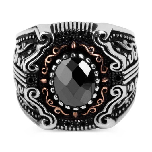 Black Zircon Stone Patterned Silver Men's Ring