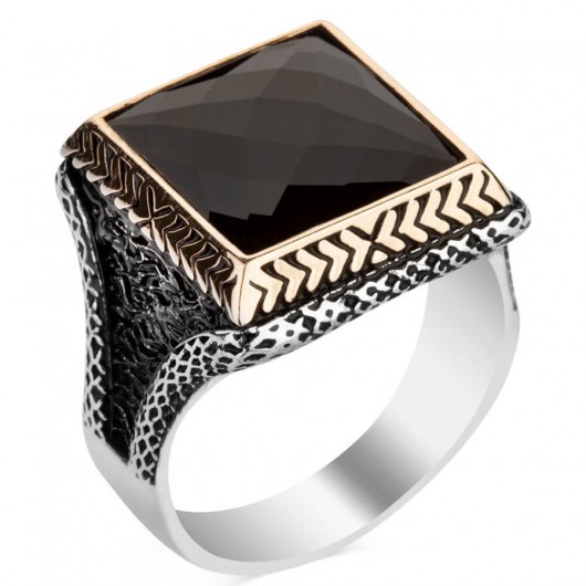 Square Design Men's Silver Ring With Black Zircon Stone