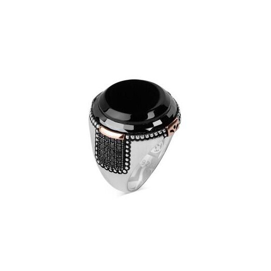 Stone Structured Round Black Onyx Silver Men's Ring