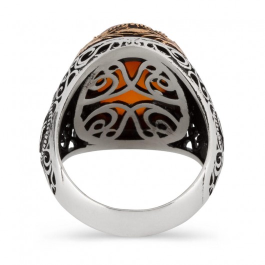 Tugra/Ottoman Pattern Ring For Men, 925 Silver, With Agate Stone, Claret Red/Burgundy Color