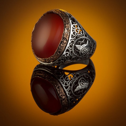 Tugra/Ottoman Pattern Ring For Men, 925 Silver, With Agate Stone, Claret Red/Burgundy Color