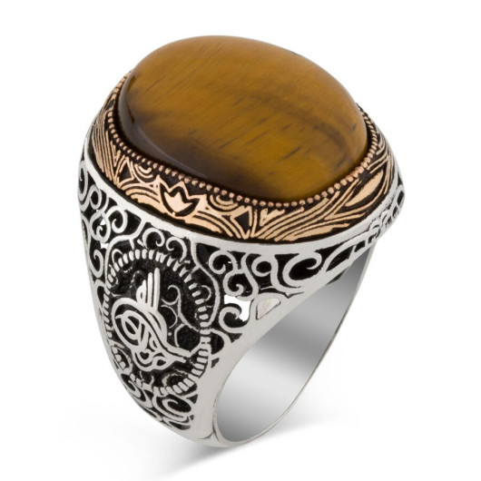 Men's 925 Silver Ring With Tighra Design/Ottoman Pattern With Tiger's Eye Stone, Brown Color