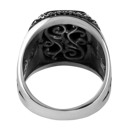 Tuğra Motif Rectangular Black Onyx Stone Silver Men's Ring