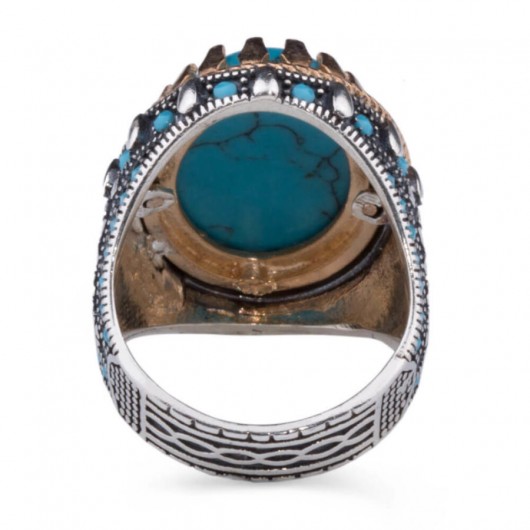 Men's Silver Ring With Turquoise Stone, Decorated With Turquoise Stones