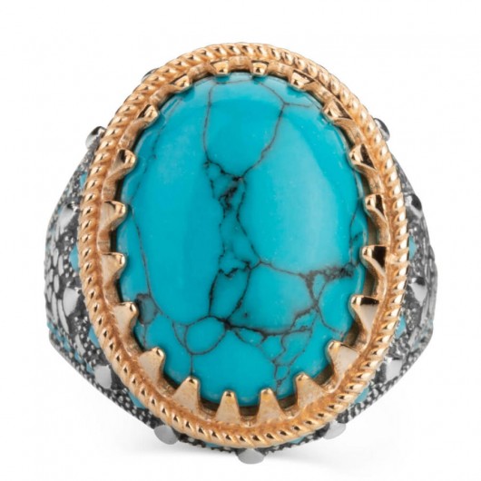 Men's Silver Ring With Turquoise Stone, Decorated With Turquoise Stones
