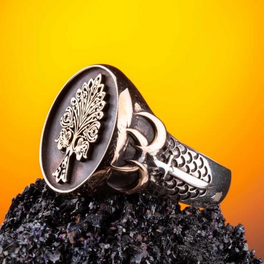 Three Crescent Tree Of Life Sterling Silver Men's Ring
